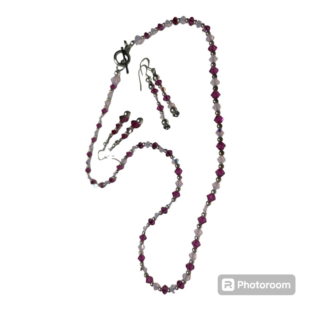 ARTISAN MADE 3 PIECE SET OF NECKLACE & EARRINGS PINK & CRANBERRY GLASS BEADS
